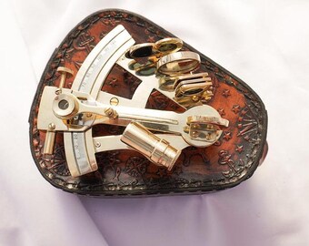 Brass Sextant: Marine Astrolabe Navigational Device with Leather Case