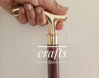 Victorian Style Brass Handle Walking Stick - Antique Finish Wooden Cane