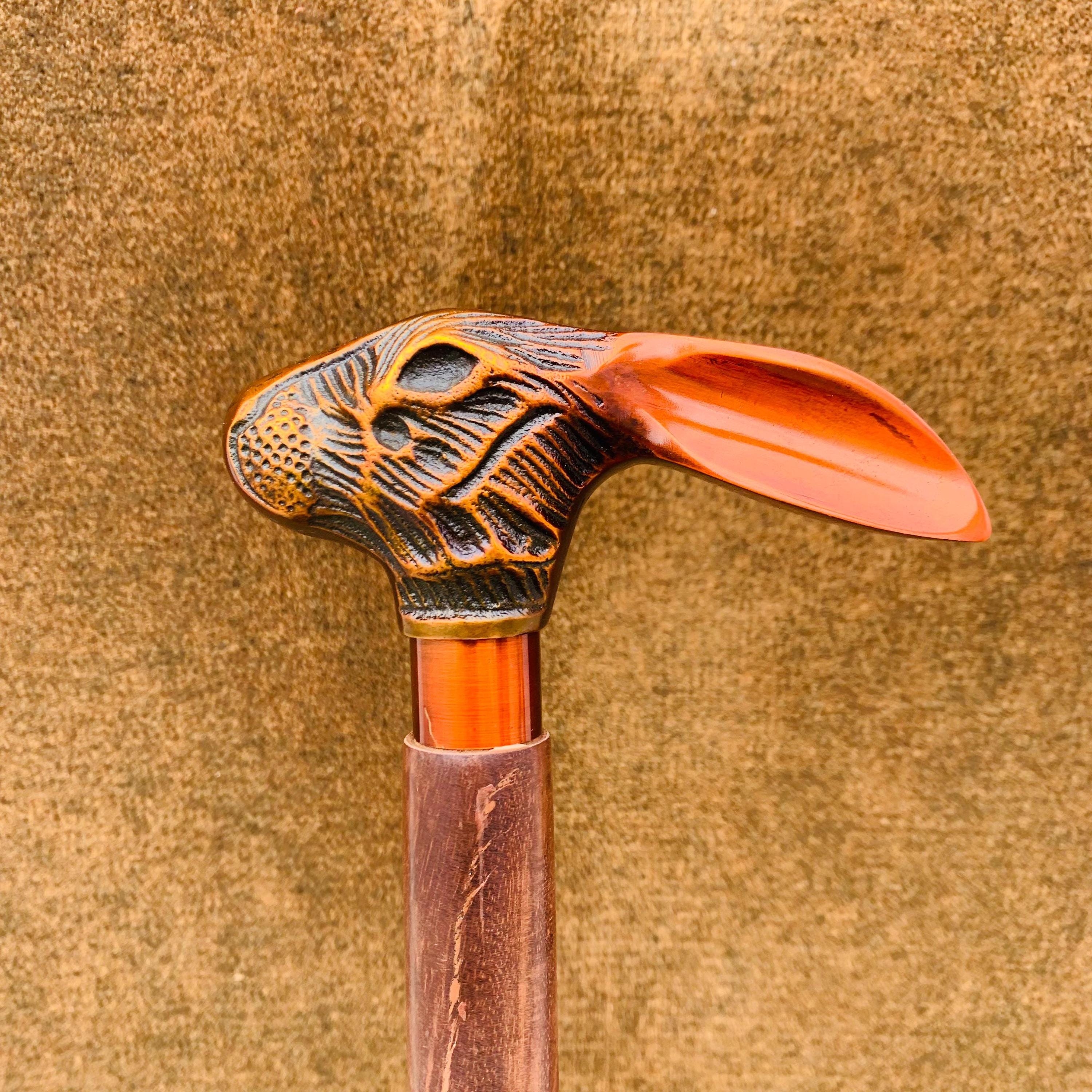 Hand Carved Rabbit Handle Walking Stick: Victorian Style Wooden Cane