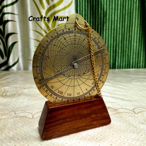 Brass Astrolabe Calendar: Medieval Star Observation Device with Wooden Stand