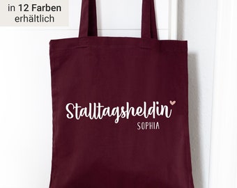 Sac en tissu « Stalltagsheldin + Nom » en coton | personnalisé | idée cadeau, cheval, cavalière, sac shopping, pochette, écurie