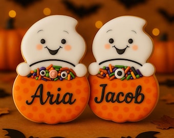 Personalized Halloween Ghost, Personalized Name, Set of 1-6 Cookies, Halloween Ghost Cookie Gift, Spooky Ghost and Pumpkin Basket Cookie.