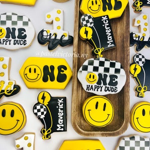 ONE happy dude Birthday cookies, two cool birthday cookies, yellow smiley face cookie, party favors , cookie sets of 6,12,18,24,36,48 ..