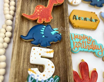 Gepersonaliseerde dinosaurusverjaardagskoekjes, dinosaurusfeestbedankjes, aangepaste dinosaurusthemakoekjes voor verjaardagen en evenementen, sets van 6-48