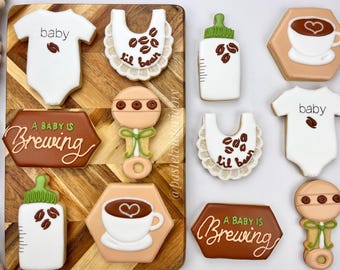 Baby is Brewing Baby Shower Cookies, Gift Box Option, Baby is Brewing Party Theme, Baby Shower Dessert Table Cookies, Sets of 6-48 Cookies.