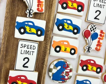 Custom Race Car Cookies, Personalized Birthday Cookies, Racing Party Favors,  Kids Birthday Treats, Set of 6-48, Race Cars Birthday cookies