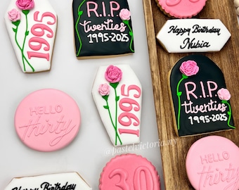 Personalized RIP 20s Cookies, Custom 30th Birthday Cookies Favors, Handmade 30th Birthday Party Favors, Set of 6-48 Cookies, Death to my 20s
