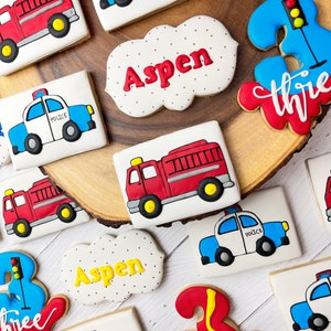 Personalized police cookies , personalized firefighter cookies , police cars cookies, firefighter themed cookies, birthday cookies