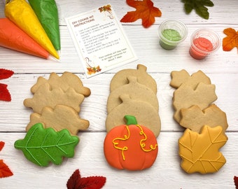 Puede incluir: Kit de galletas de bricolaje con temática otoñal. El kit incluye tres bolsas de glaseado, dos recipientes de chispas y seis galletas. Las galletas están decoradas con calabazas, hojas y bellotas. Las instrucciones en la tarjeta dicen "DIY Cookie Kit Instructions".