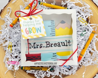 Personalized Teacher Cookie Gift Box, Custom Teacher appreciation Cookie, Thank You Gift for Teachers, Pencil and Crayon design.