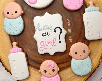 Custom Gender Reveal Cookies, Personalized Baby Shower Favors, Girl or Boy Theme, Set of 6 to 48 Cookies, Pink and Blue Party Favors