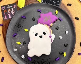 Personalized Halloween Ghost Cookie, Halloween Ghost Cookie with Name, 1 Count, Spooky Ghost Cookie, Handmade Halloween Ghost Sugar Cookie.