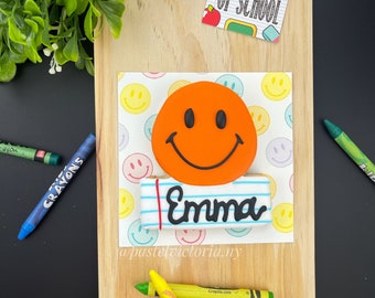 Personalized happy face cookie, teacher appreciation cookie, kinder grande cookies, back to school cookie, graduation cookies