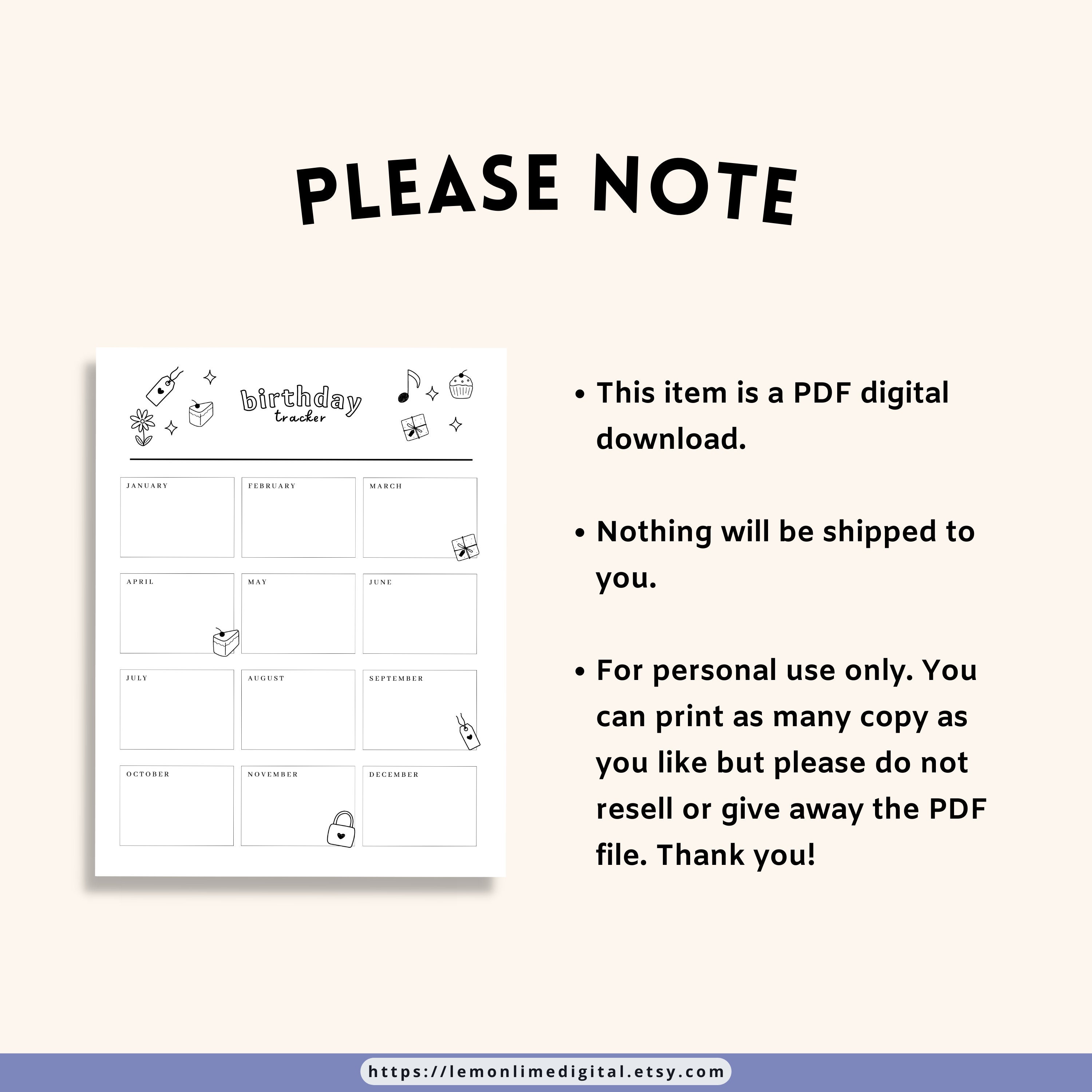 Birthday Tracker Printable - Etsy