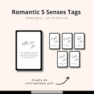 May include: Printable "Romantic 5 Senses Tags" in US Letter size. The design includes a large black-framed card with the words "With Love" and a message. Smaller cards are labeled "Sight," "Sound," "Taste," "Smell," and "Touch."
