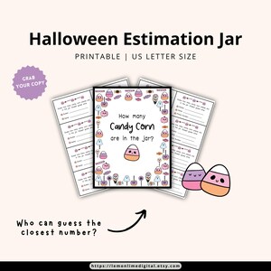 Può includere: Un gioco stampabile Halloween Estimation Jar con il testo "Halloween Estimation Jar" e "How many Candy Corn are in the jar?" Il gioco include una stampa in formato US Letter e un invito a "Grab your copy".