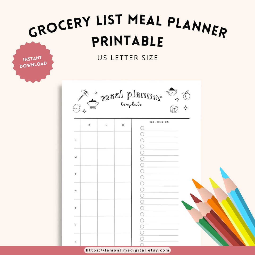 Meal Planner With Grocery List Printable Template - Etsy