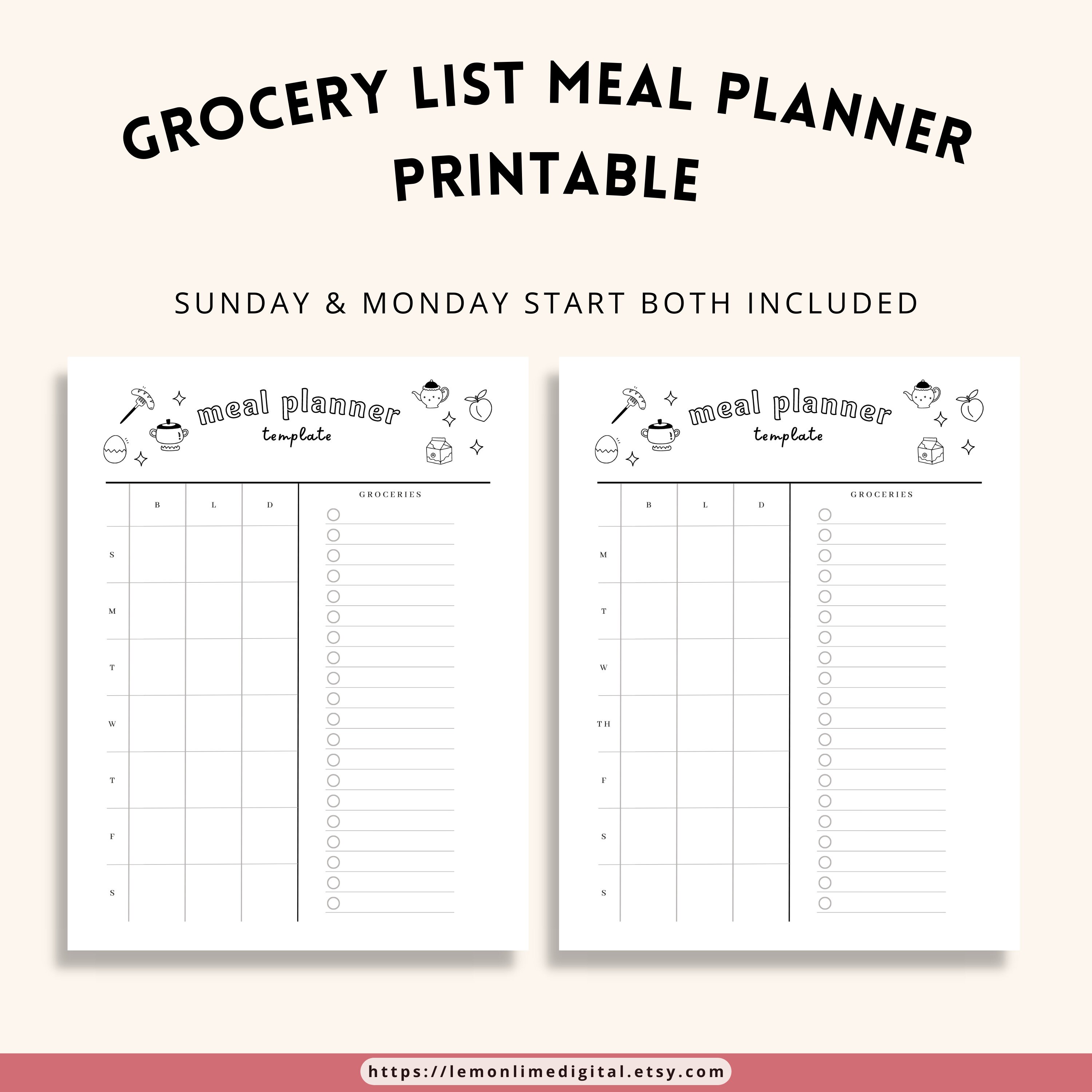 Meal Planner With Grocery List Printable Template - Etsy