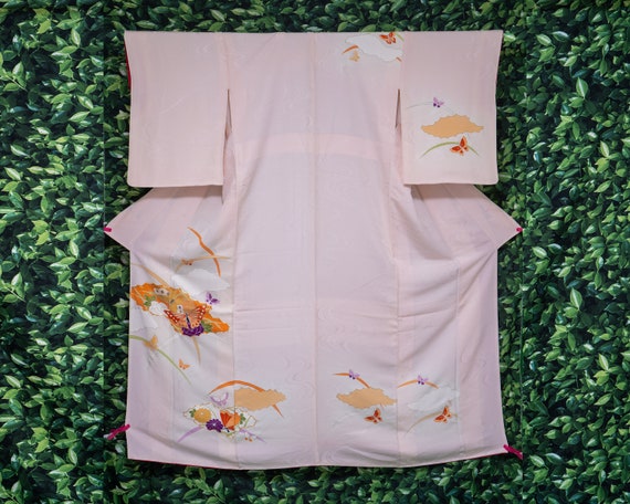 Vintage Pink Houmongi, Butterflies and Fans, Peak… - image 1