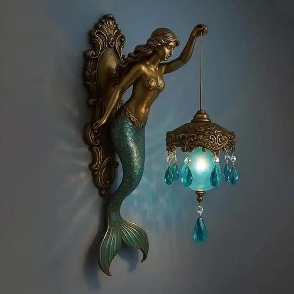 Mermaid Wall Lamp, Crystal Mermaid Tail Sconce, Coastal Fantasy Decor