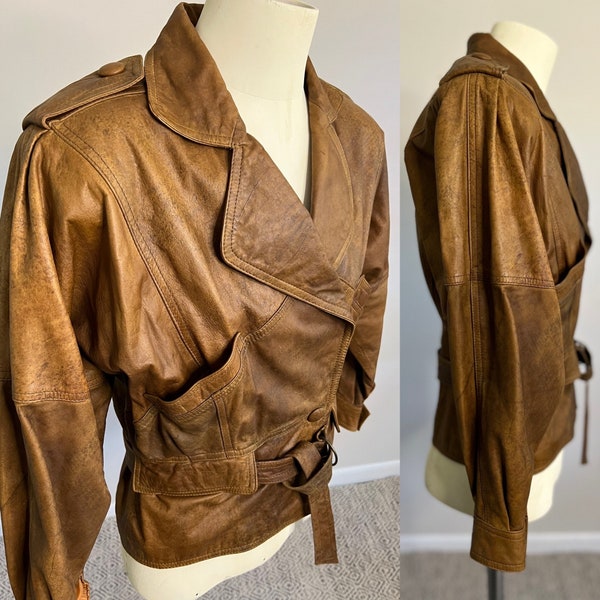 Vintage Distressed WINLIT Brown/Cognac Leather Bomber Jacket | 80s | Medium