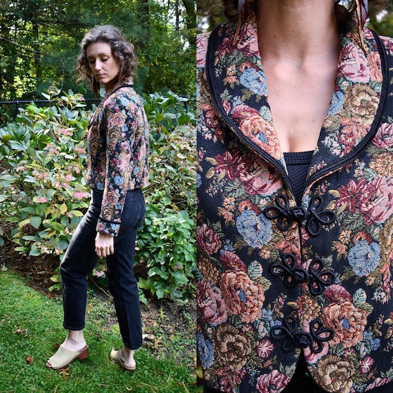 Vintage Cropped Floral Tapestry Jacket by Doncaster 90s Small 