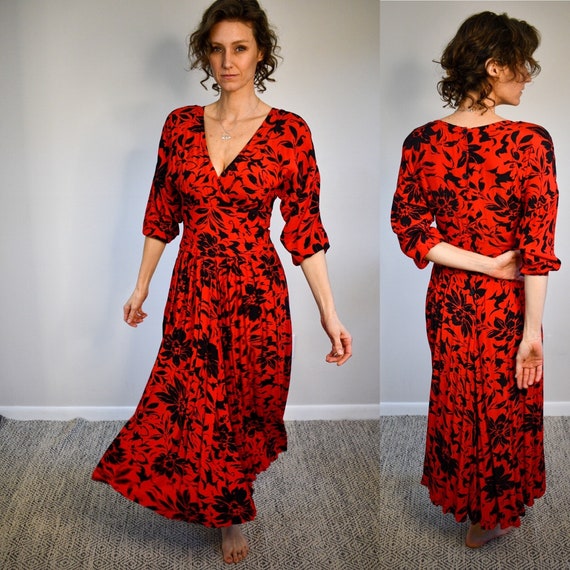 Vintage 90s Red Dress with Black Floral Print | R… - image 1