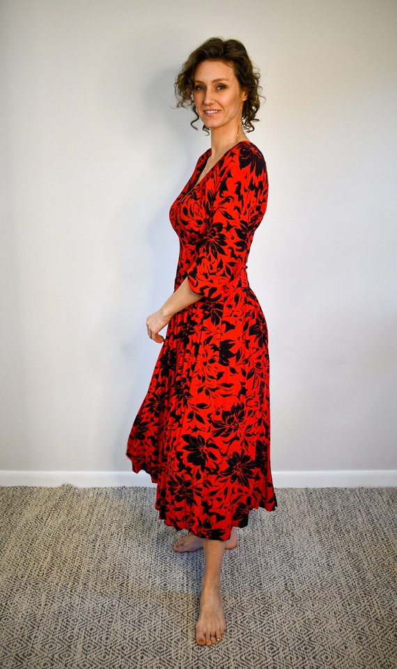 Vintage 90s Red Dress with Black Floral Print | R… - image 3