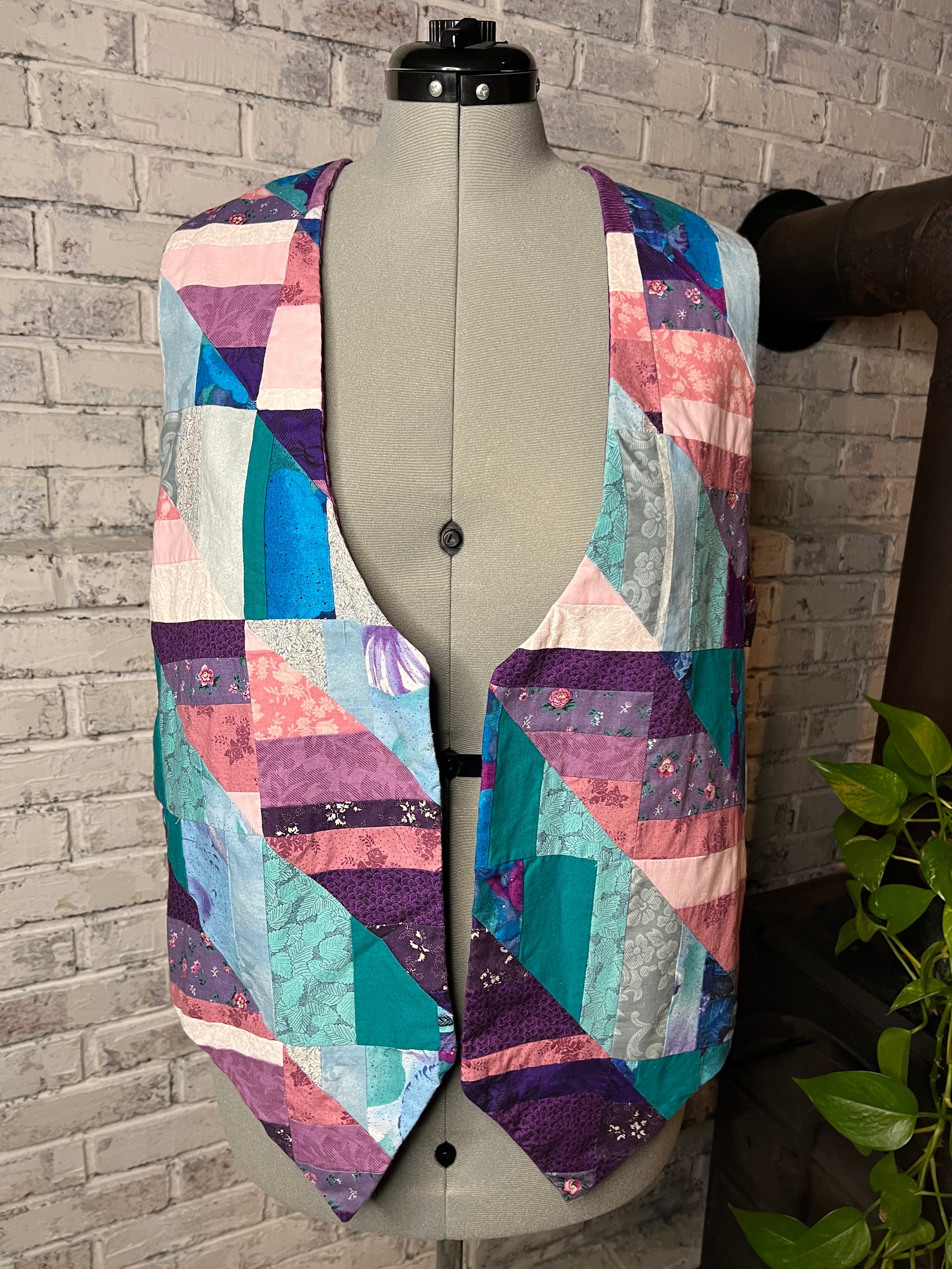 Vintage Patchwork Quilt Vest | Handmade | Jewel Tones...teals  
