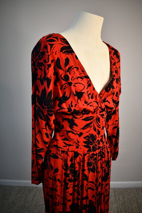 Vintage 90s Red Dress with Black Floral Print | R… - image 5
