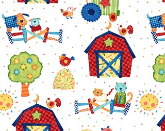 BTY Little Red Barn Farm Animal Toss on Red Fabric 100/% Cotton