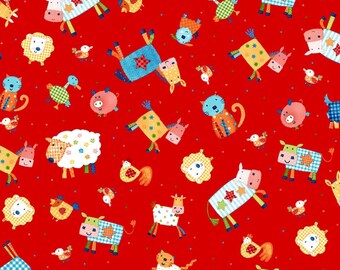 BTY Little Red Barn Farm Animal Toss on Red Fabric 100/% Cotton