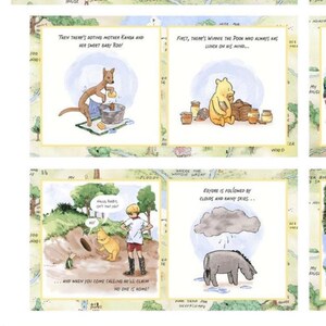 May include: A multi-panel illustration featuring Winnie the Pooh characters. Panels show Kanga and Roo, Pooh with honey pots, Christopher Robin with Pooh and Piglet, and Eeyore under a rain cloud. Text includes 'Then there's doting mother Kanga and her sweet baby Roo!', 'First, there's Winnie the Pooh who always has lunch on his mind...', '...and when you come calling he'll claim no one is home!', and 'Eeyore is followed by clouds and rainy skies...'