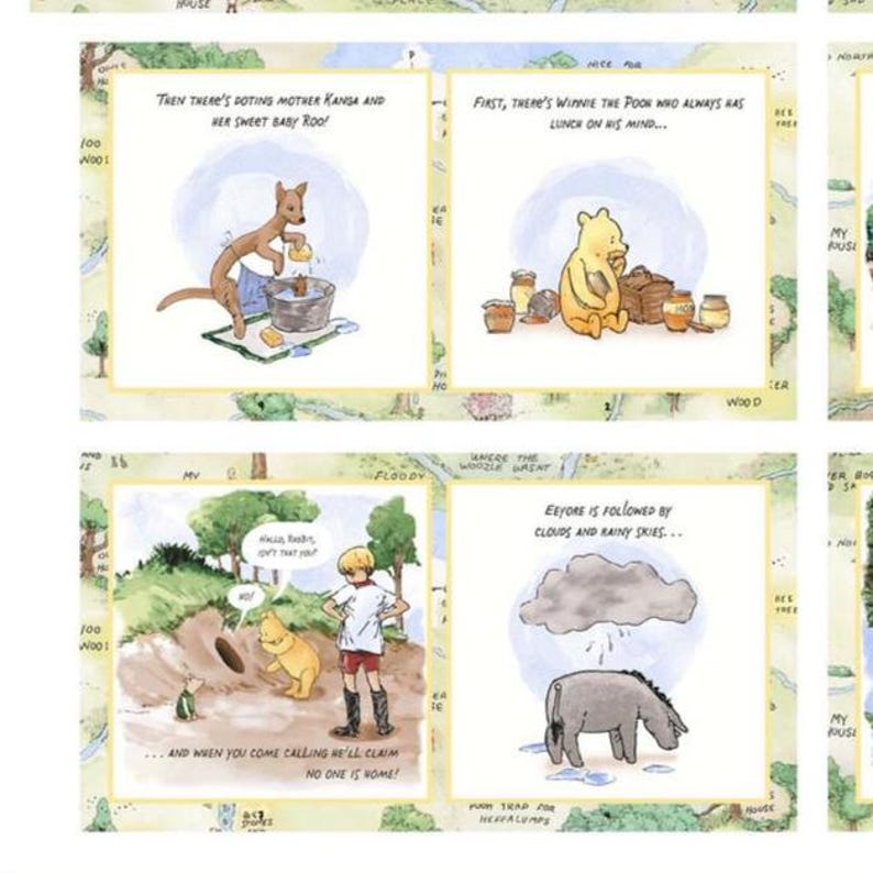 May include: A multi-panel illustration featuring Winnie the Pooh characters. Panels show Kanga and Roo, Pooh with honey pots, Christopher Robin with Pooh and Piglet, and Eeyore under a rain cloud. Text includes 'Then there's doting mother Kanga and her sweet baby Roo!', 'First, there's Winnie the Pooh who always has lunch on his mind...', '...and when you come calling he'll claim no one is home!', and 'Eeyore is followed by clouds and rainy skies...'