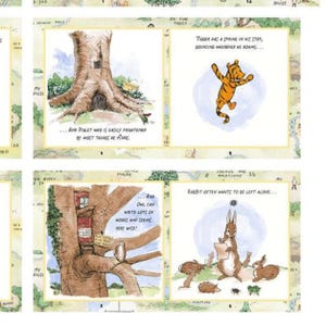 May include: A printed fabric panel featuring four illustrated scenes from Winnie the Pooh. The panels show a large tree, Tigger bouncing, Owl in a tree house, and Rabbit with small animals. Text includes: Tigger has a spring in his step, bouncing wherever he roams, and Piglet who is easily frightened by most things he finds, and Owl can write lots of words and seems very wise, and Rabbit often wants to be left alone.