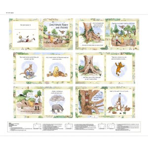 May include: A fabric panel featuring a repeating grid of Winnie the Pooh illustrations and text. The scenes depict Christopher Robin, Pooh, Tigger, Eeyore, and other characters in the Hundred Acre Wood. The design includes instructional text at the bottom.