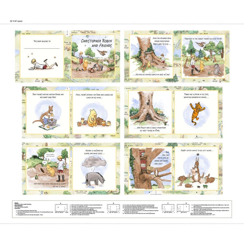 May include: A fabric panel featuring a repeating grid of Winnie the Pooh illustrations and text. The scenes depict Christopher Robin, Pooh, Tigger, Eeyore, and other characters in the Hundred Acre Wood. The design includes instructional text at the bottom.