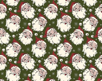 BTY Christmas Santa Head Toss on Green Fabric, 100% Cotton