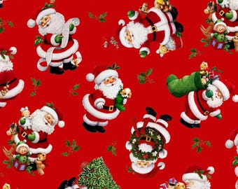 May include: A vibrant red fabric featuring a repeating pattern of Santa Claus figures in various poses, holding toys, teddy bears, and Christmas stockings, interspersed with small green holly leaf sprigs throughout the festive design.