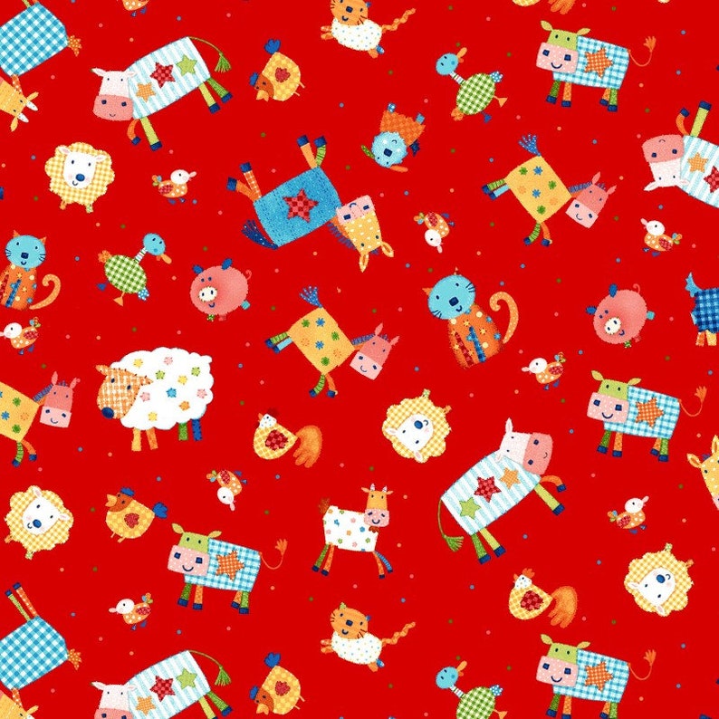 BTY Little Red Barn Farm Animal Toss on Red Fabric 100/% Cotton