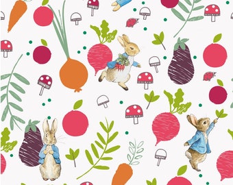 May include: A whimsical pattern featuring illustrations of Peter Rabbit, vegetables, mushrooms, and leaves on a white background. The design includes carrots, radishes, eggplants, and an onion, with a playful, hand-drawn aesthetic.