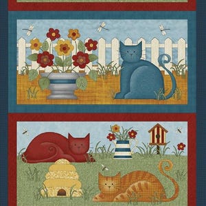 May include: A fabric panel featuring four rectangular scenes with cats, flowers, and birdhouses. The top scene shows a gray tabby cat, flowers, and a basket. The second scene has a blue cat and a white picket fence. The third scene has a red cat, a beehive, and an orange cat. The bottom scene has birdhouses.