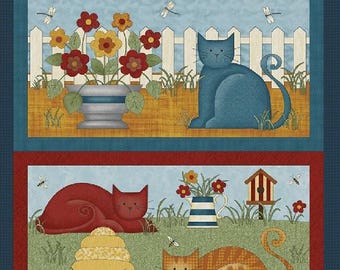 May include: A fabric panel featuring four rectangular scenes with cats, flowers, and birdhouses. The top scene shows a gray tabby cat, flowers, and a basket. The second scene has a blue cat and a white picket fence. The third scene has a red cat, a beehive, and an orange cat. The bottom scene has birdhouses.