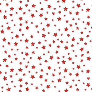 May include: White background covered with scattered red stars of varying sizes. The stars are five-pointed and evenly distributed across the surface, creating a festive and playful pattern.