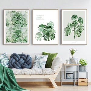 印刷可能な水彩画の葉の壁飾り 3 枚セット、植物の水彩画プリント、緑、植物の葉のアート、ユーカリ、モンステラの植物、自然アート