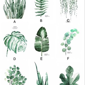 以下が含まれることがあります： 緑色の植物の異なるタイプを水彩で描いた9つのイラスト。それぞれに「GROW」という言葉とキャッチフレーズが書かれています。植物には、サボテン、シダ、垂れ下がったつる、モンステラの葉、バナナの葉、ユーカリ、丸い葉の鉢植え、ヘビの植物、イチジクの葉が含まれています。