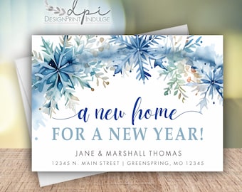 New Home for a New Year Change of Address Announcement, Snowflakes Blue Change of Address Cards, Customize words, FREE SHIPPING + Envelopes