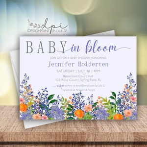 Baby in Bloom Baby Shower Invitation Spring Floral Purple Watercolor, Colorful Baby Shower with Wildflowers, Digital, Print w/ Envelopes