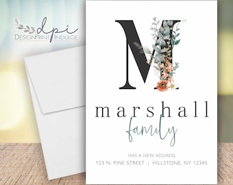 Floral Initial Change of Address Card, Personalized New Home Announcement (Digital or Printed)