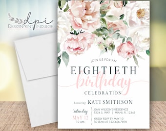 Birthday Party Invitation, Floral Birthday Party Invite, Any Age Party Invites Card, Digital or Printed w/ Blank Envelopes FREE Shipping